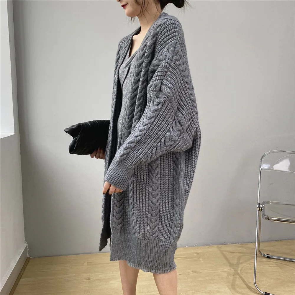 

Ladies Long Loose Knit Cardigan Jacket Elegant All-match Thick Knitted Coat Women Long-sleeve Sweater Cardigans Female NS2388