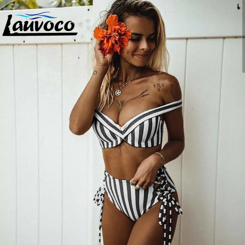 Полосатый бикини с высокой талией Набор Купальники открытыми плечами женский
