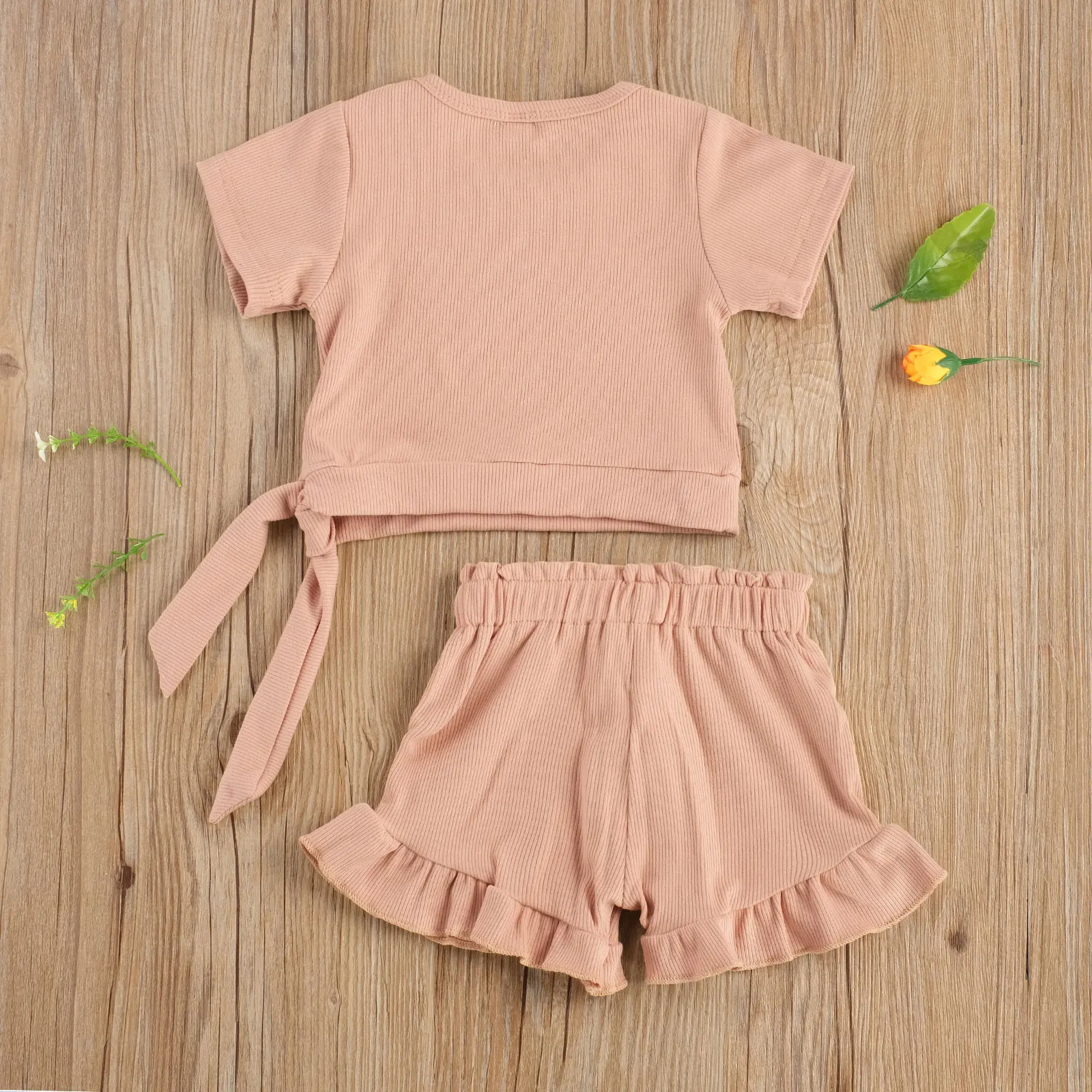 

2020 New Summer 0-3Y Toddler Kid Baby Girl 2Pcs Set Side Bow Solid Color Short Sleeve Top+Flared Drawstring Shorts Infant Outfit