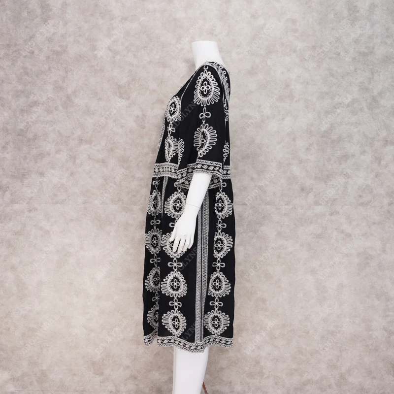 2021 черный в богемном стиле с вышивкой коротким рукавом по колено Сезон лето