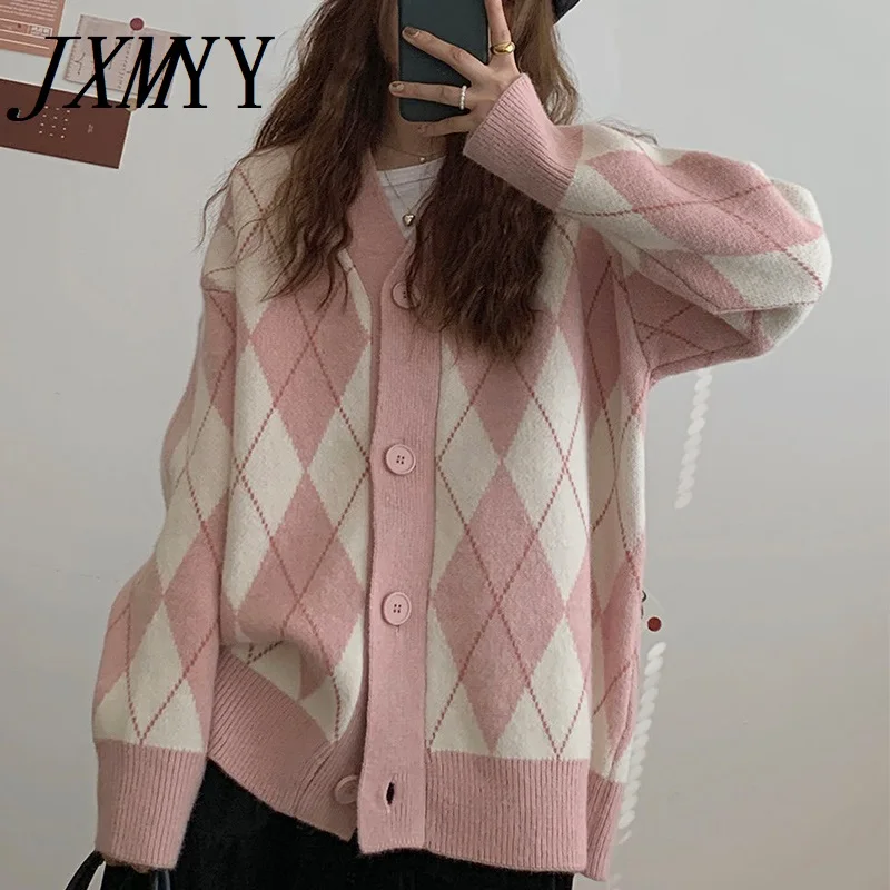 

Argyle Cardigan Women Knitted Sweater Loose Single Breasted Students V-neck Lovely Knitwear Korean Oversize Cardigan Winter Tops