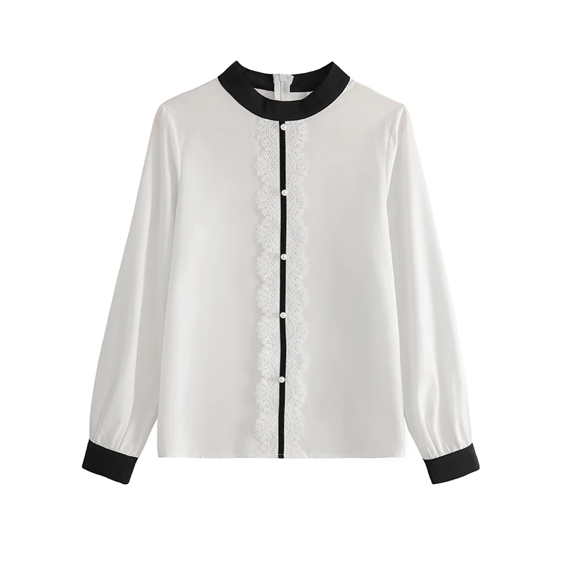 

O-neck Women Office Lady Chiffon Shirts with Lace Blouses Fashion Long Sleeve Tops 2020 Autumn Solid White Chiffon Blouse 10666