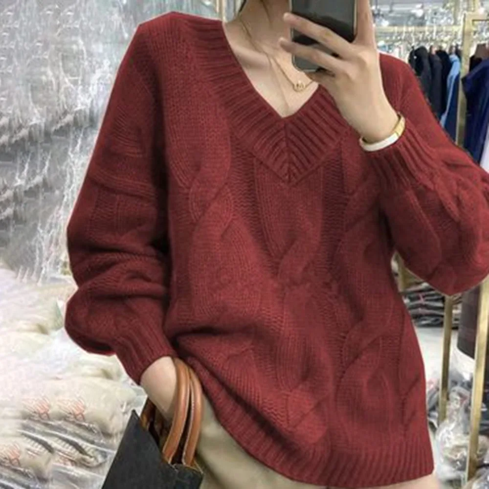 

Sweater 2021 Autumn Winter New Korean Fashion Knitting Pullover Womens V-neck Long Sleeve Solid Color Loose Casual Tops