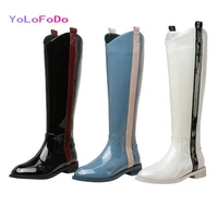 patent leather women knee high boots fashion flat with round toe calf boots high quality women motorcycle boots 2021 women boots