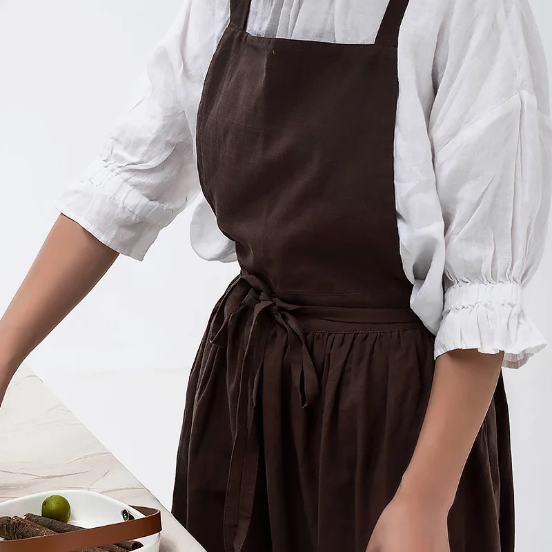 

Washed cotton linen Kitchen Aprons For Cooking Baking Flower Shop Ruffles work clean apron for woman uniform lady Dress bib 2021