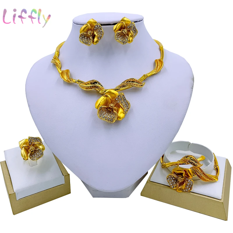 Женские вечерние Ювелирные наборы Liffly Nigeria ожерелье с цветком золотой браслет
