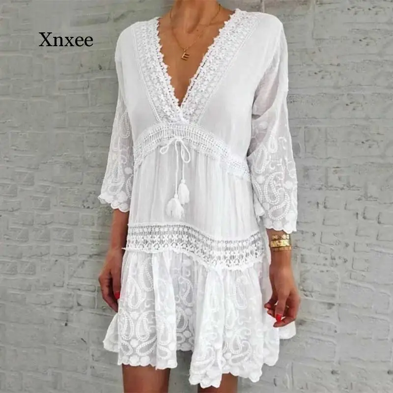 Lace V Neck Patchwork Summer Dress Women Three Quarter Sleeve Tassel Party Elegant Floral Print Hollow Out white tassel | Женская одежда