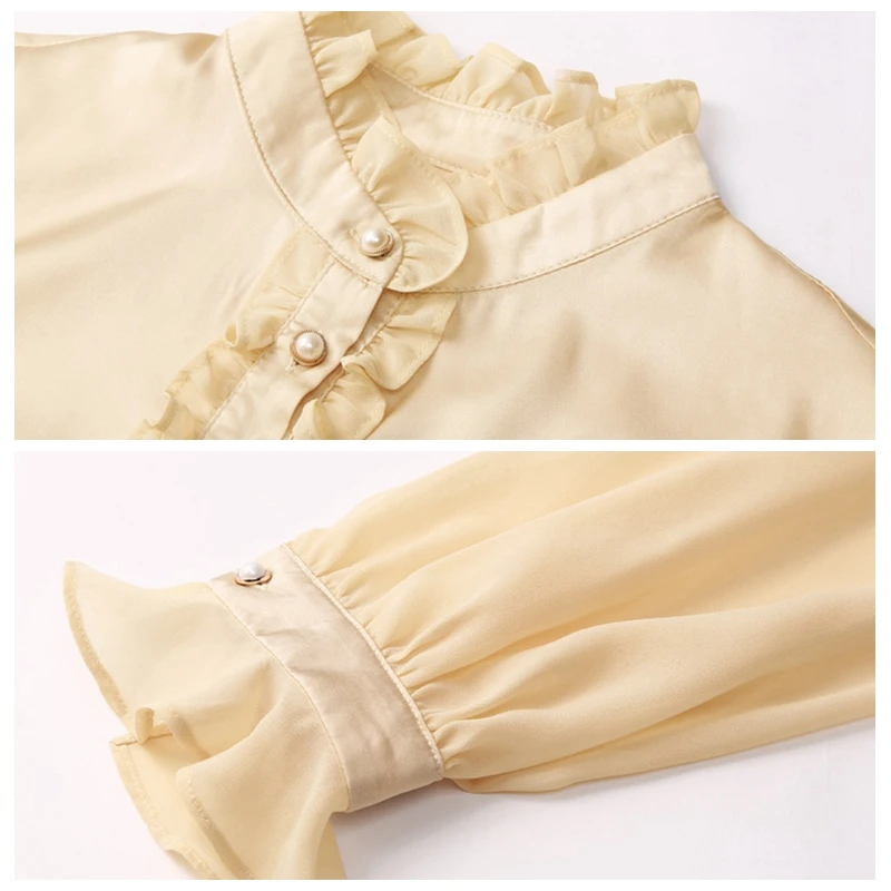 Satin silk shirt women blouse tops spring autumn elegant long-sleeved ruffled high-quality office ladies work shirt female Party