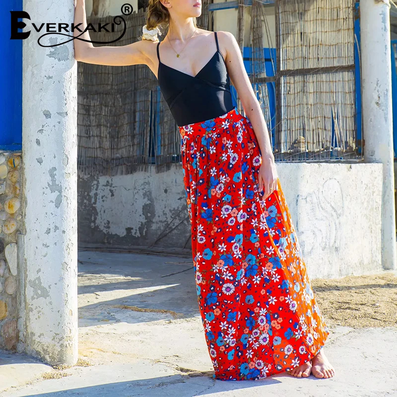 Everkaki Boho Длинная женская юбка с цветочным принтом летняя пляжная Женская