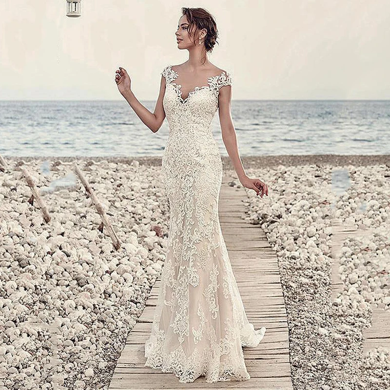 

2019 Mermaid Wedding Dresses Sexy V-neck Backless Tulle Appliques Lace Princess Boho Wedding Gowns vestidos de novia Sweep Train