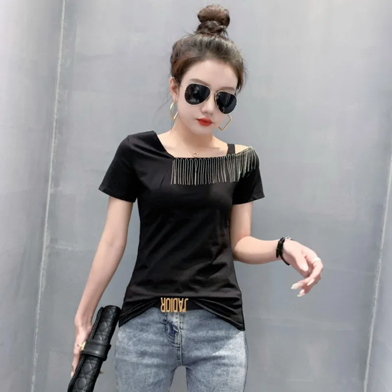 #7221 летняя черная белая серая Асимметричная футболка с воротником и коротким