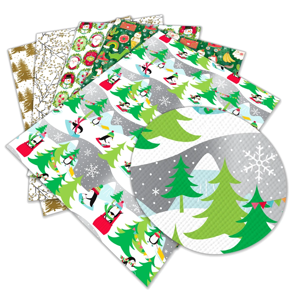

Faux Leather Fabric Cartoon Christmas Tree Printed Synthetic Leather DIY Crafts Hair Bow Waist Bag Material 30*136cm