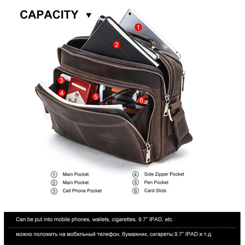 Contacts genuine crazy horse leather vintage Men Briefcase for ipad 9.7inch retro zipper male handbag shoulder bag messenger bag