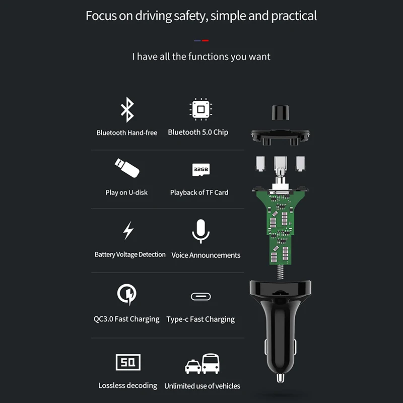 Bluetooth 5.0 Fm Transmitter Car Kit QC3.0 Double USB Charger With LED Lattice Screen EQ Mode MP3 Modulator NEW | Автомобили и