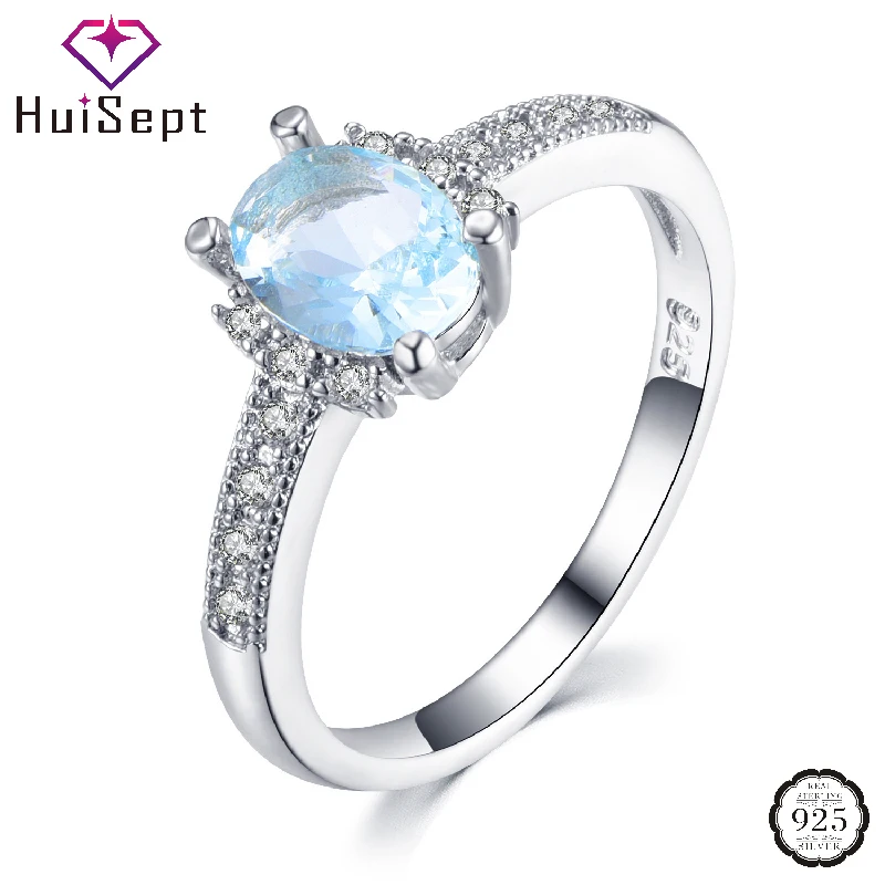

HuiSept 925 Silver Jewelry Ring Oval Shape Sapphire Zircon Gemstone Finger Rings for Women Wedding Engagement Party Accessories