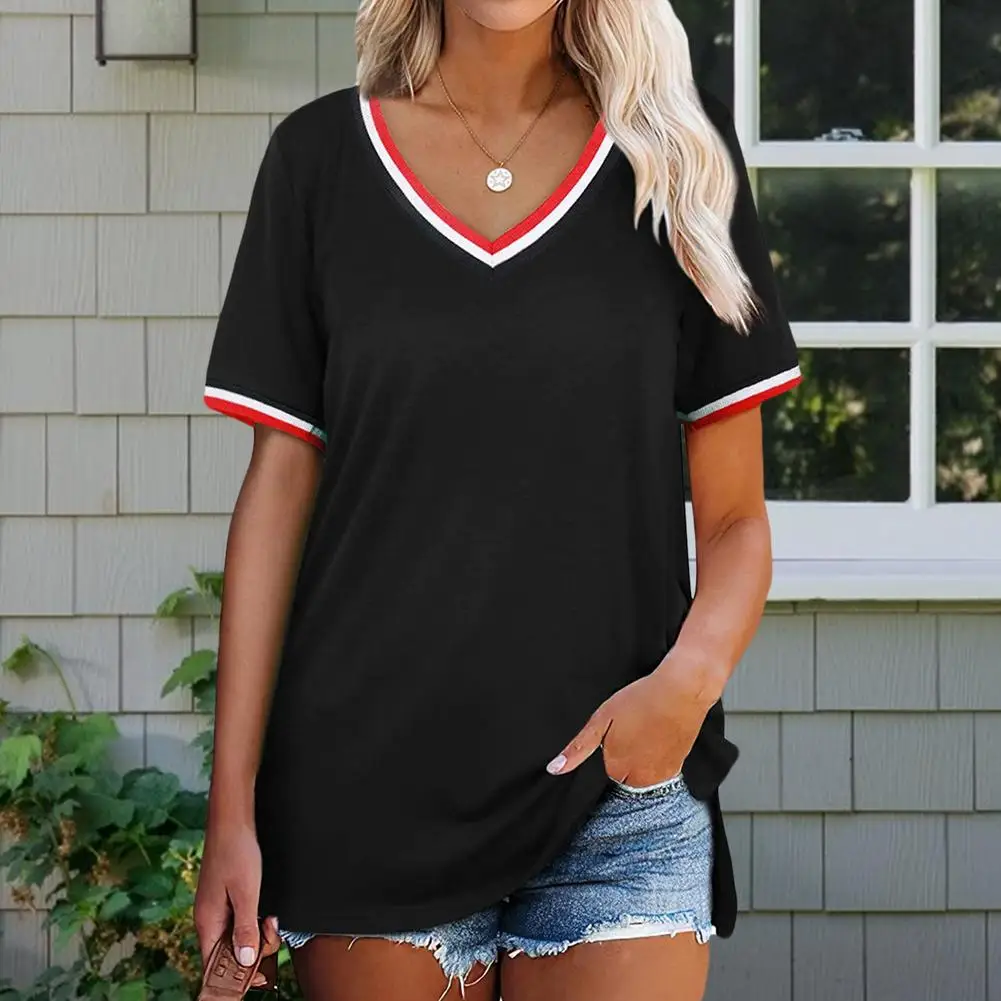 

Women V Neck T-shirt Short-sleeved Color Contrast Striped Splicing Top Cotton Soft Skin Friendly Sports Casual Tees Blouse S-2XL
