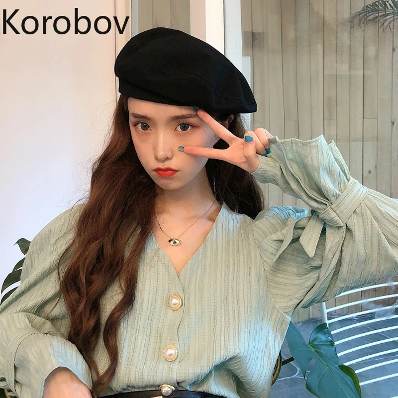 Новинка корейские женские однобортные рубашки Korobov образным вырезом шикарные