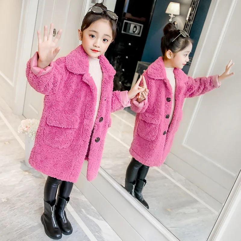 

Spring Winter Girl Coat Jackets Warm Lapel Long Clothing Kids Teenage Children Fashion Tops Thicken High Quality Solid Color New