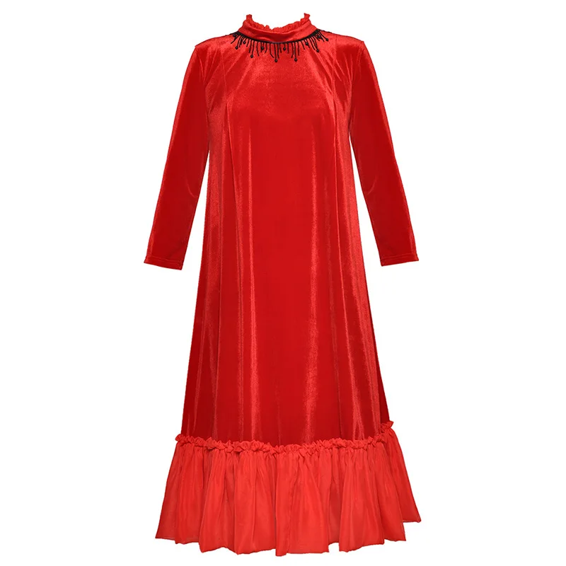 

AELESEEN Loose Style Velvet Dress 2020 Autumn Winter Stand Collar Beading Red Dress Ruffles Cuasual Blue Midi Dress Vestidos