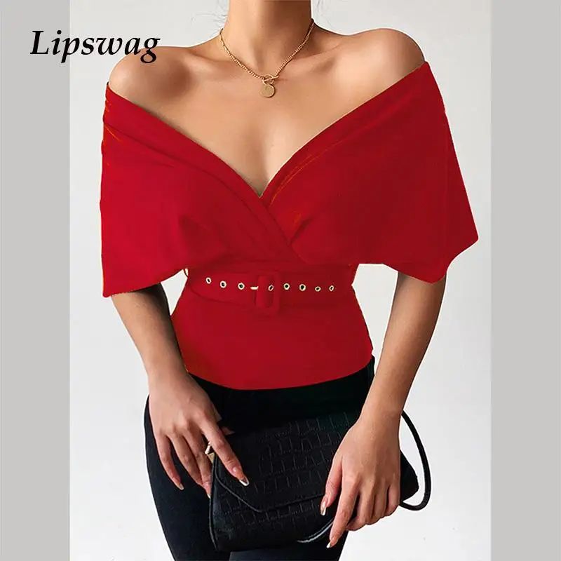 

Lipswag Sexy off shoulder belt short sleeve women t-shirt dark green Elegant sheath v-neck black red tees Fashion female tops