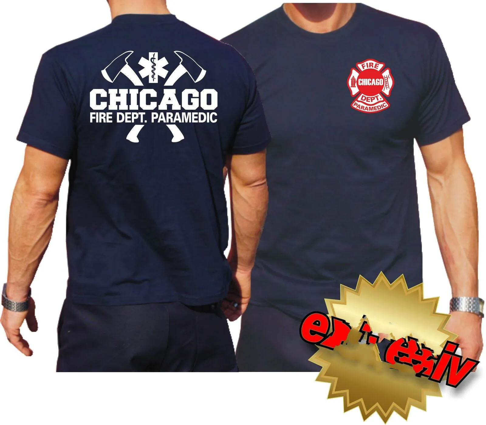 Футболка темно-синяя, Chicago Fire Dept. mit Axten, парамедик, zweifarbig