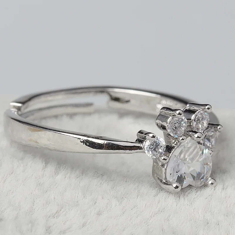 Симпатичная кошачья лапа в форме сердца Rhod кольцо регулируемое циркониевое CZ