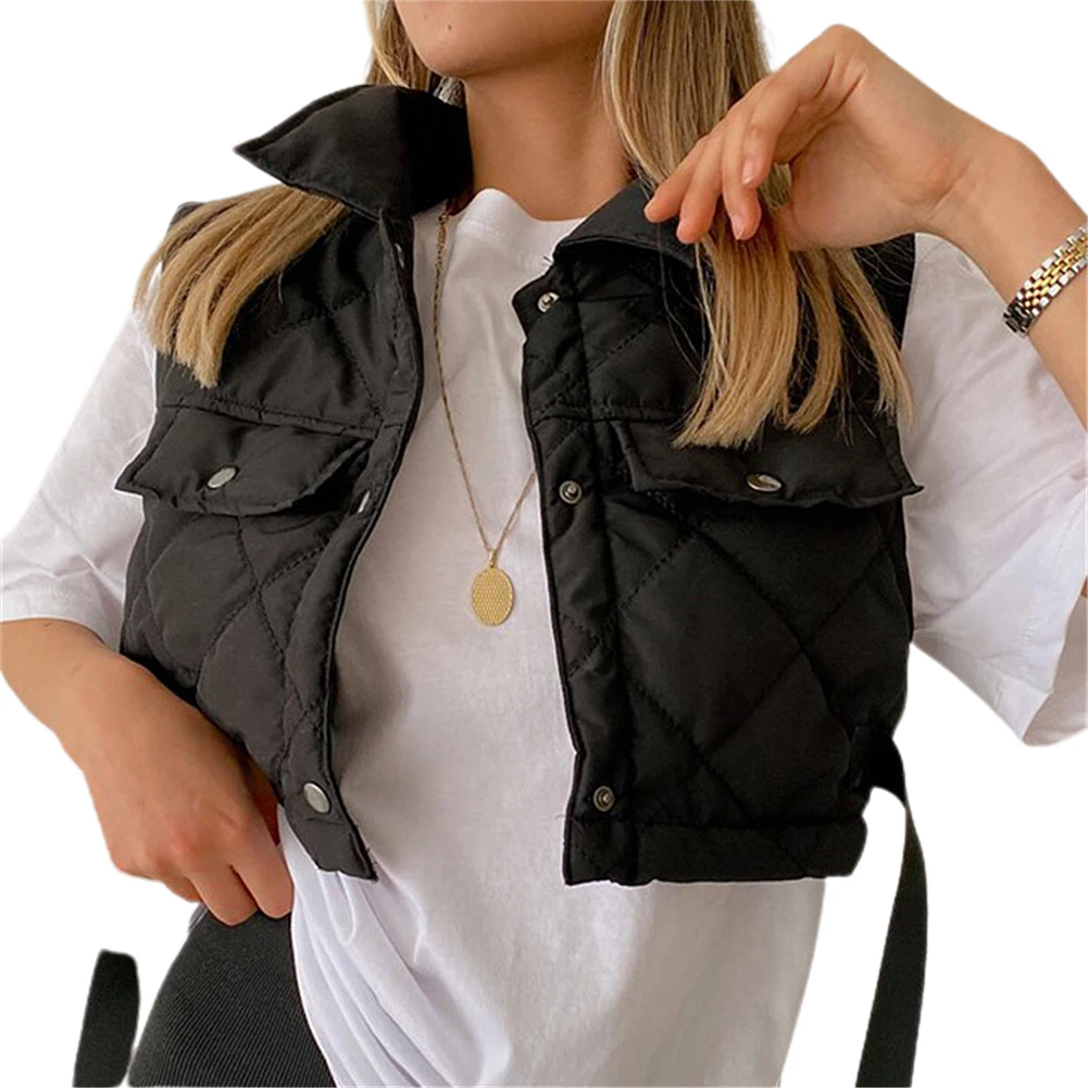 

Female Cropped Vests Tops Korean Turn-down Collar Jacket Coat Casual Women Short Winter Warm Diamond Pockets Cotton Waistcoat