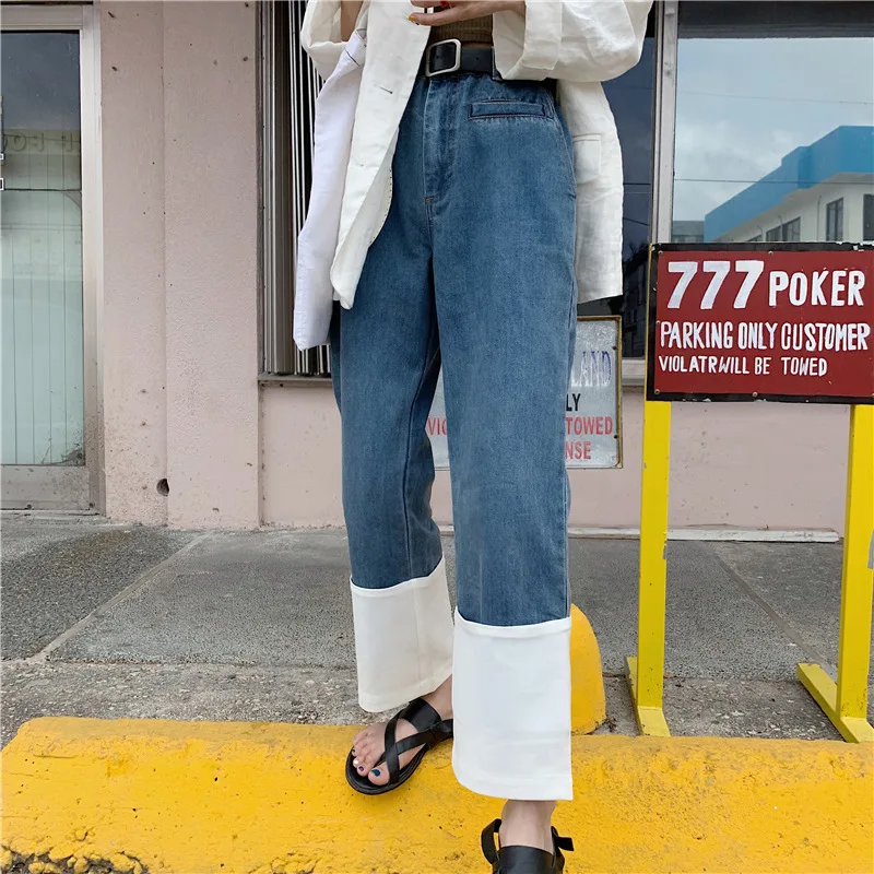 Контрастные однотонные простые джинсовые облегающие свободные прямые брюки с