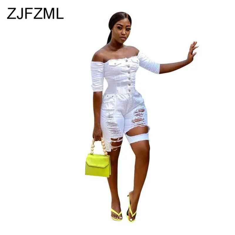 Комбинезон женский джинсовый с открытыми плечами пикантный облегающий короткий