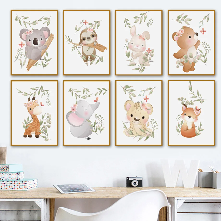 

Wall Art Canvas Painting Sloth Deer Elephant Leopard Giraffe Rabbit Lion Posters And Prints Pictures Kids Room Decor Nordic