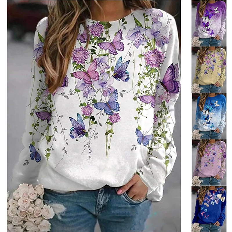 

Новинка 2021, модная Женская Осенняя Повседневная Блузка, Классическая хлопковая футболка с длинным рукавом, круглым вырезом и цветочным при...