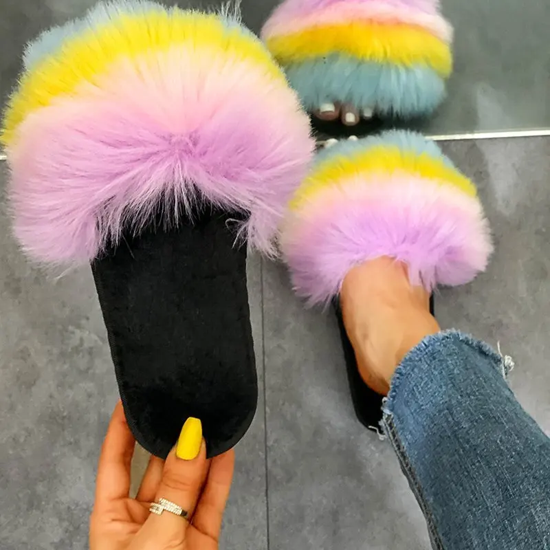 

Colorful Fur Slippers Women Shoes Woman 2020 New Soft Flat Bottom Casual Shoes Female Slippers Slides Plus Size