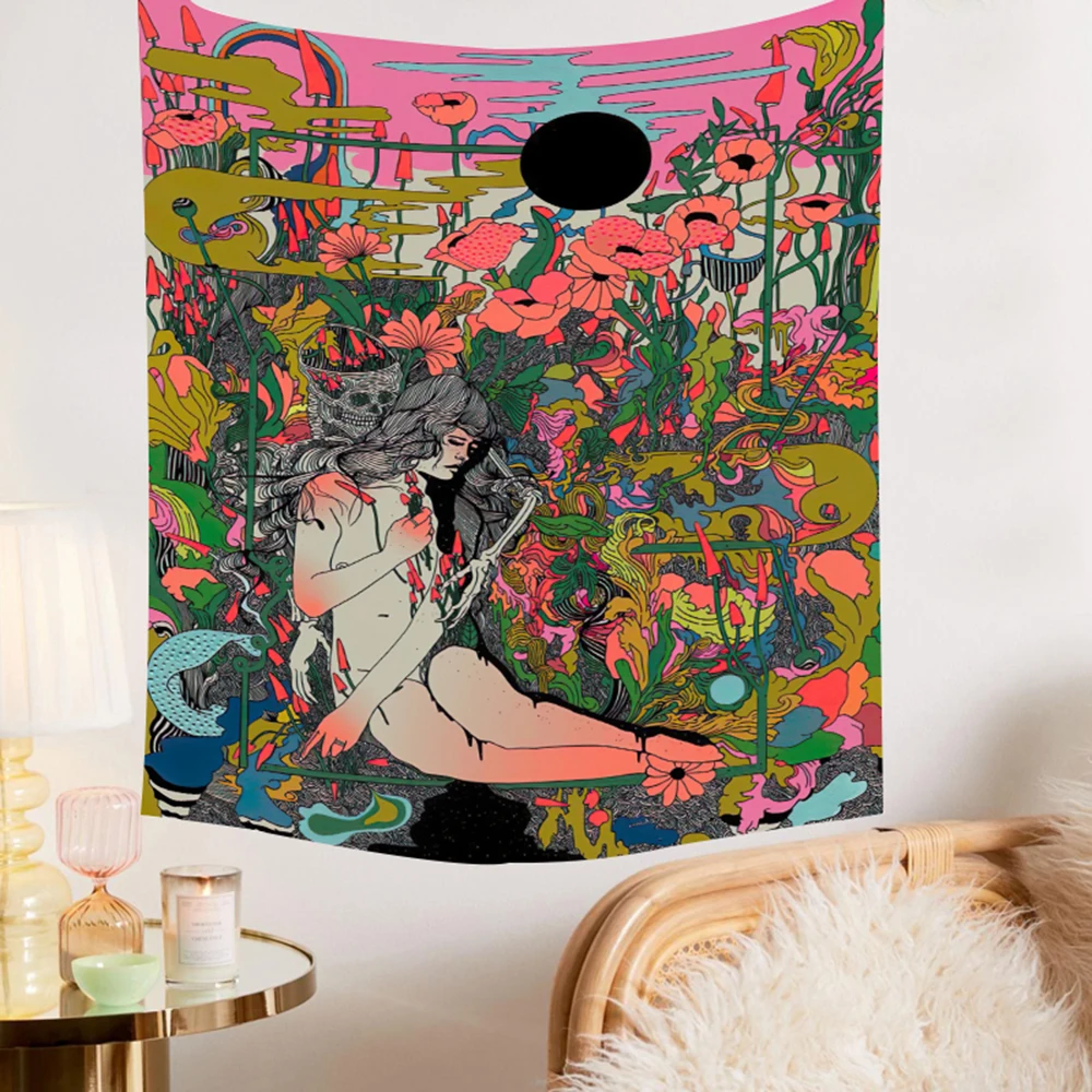 Психоделический цветок девушка настенный подвесной гобелен женский череп