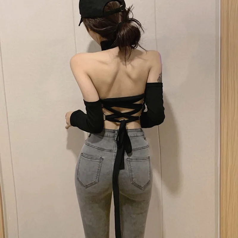 

Fashion Long Sleeve Lace Up Pullover New Female Knitting Clothes Women Sexy Sweater Cross Knitted Thin Sexy Backless Sleeveless