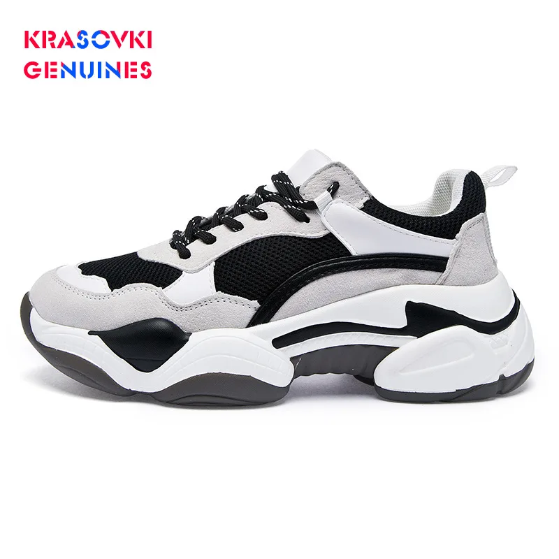 Женские кроссовки из натуральной кожи с толстой подошвой красного цвета Сезон