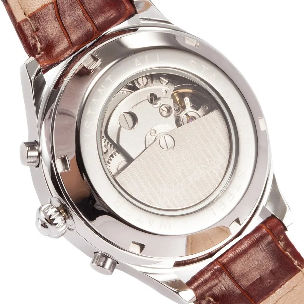 IMPERIAL KS Retro Skeleton 6 Hands Golden Case Luxury Brand Day Month Display Brown Leather Strap Men's Mechanical Watch / KS146