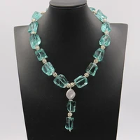 gg jewelry natural blue square glass quartzs rough nugget necklace cz beads connetor pendant handmade for women