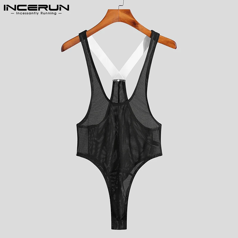

INCERUN 2021 Comfortable Homewear New Men Splicing Onesies Sexy Leisure Male Hot Sale Breathable Mesh Sleeveless Bodysuit S-5XL