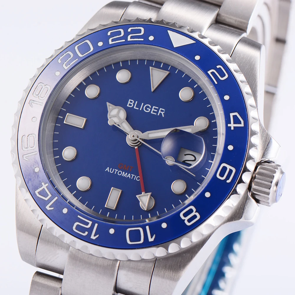 BLIGER 40 мм Мужская модная функция GMT автоматические механические часы со стальным
