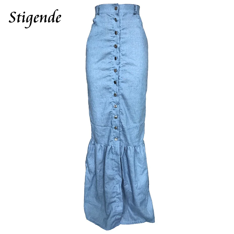 Женская джинсовая юбка с завышенной талией на пуговицах спереди|Женские юбки| |