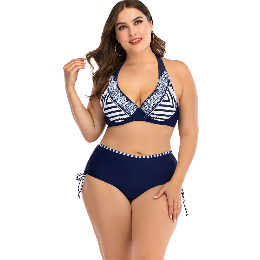 

Женский комплект бикини с завышенной талией, женская модель 2020, сексуальный купальник в полоску большого размера 4xl 2xl с принтом