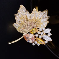 luxury aaa cubic zirconia maple leaf brooches pins shine green yellow crystal corsage pin for women autumn jewelry accessories