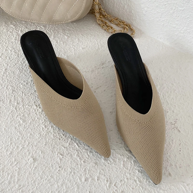 Мюли женские с острым носком эластичные вязаные шлепанцы без застежки на тонком