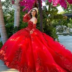 Мексиканское темно-красное платье 15 лет, платье для Quinceanera с выдвижными рукавами, блестками и аппликацией, милое платье 16 лет, длинное платье для выпускного вечера
