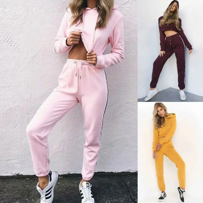 

Women Set 2Pcs Solid Color Long Sleeve Hoodie Sweatshirt Tops + Long Pants Ladies Casual Sports Sweat Suit Running Tracksuit