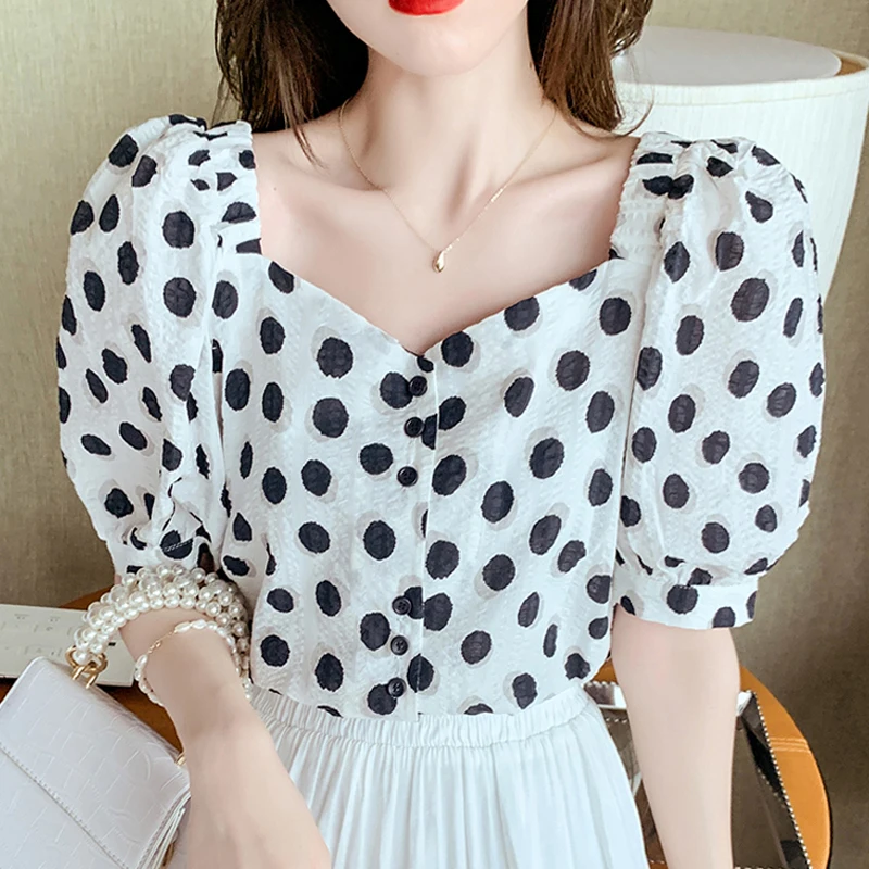 

Zoki Elegant Women Tops Dot Print Blouses Slim Casual Shirt Button Korean Puff Sleeve Mujer Clothes Fashion Girl Summer New 2021