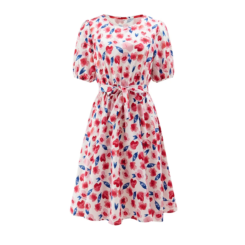 

Summer O Neck Floral Print Dress Women Casual A Line Short Sleeve Mini Dress Female Sashes Boho 2021 New Holiday Beach Vestidos
