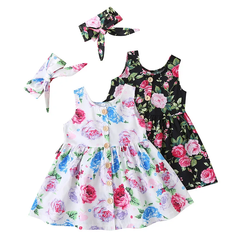 

Christmas Formal Dress Party Vest Dress Baby Girls Floral Print Sleeveless Kids Princess Dresses With Headband 2PCS Set