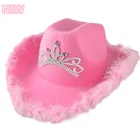 Женская шляпа с перьями для праздника, вечевечерние НКИ, карнавала, Хэллоуина, женская розовая ковбойская шляпа с короной и блестками, декоративная шляпа