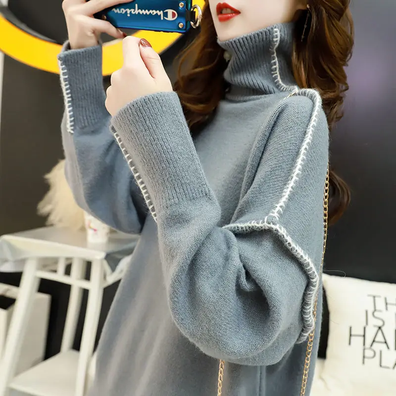 

Winter Sweater Women's New High-Neck Loose Korean Style Lazy Wind Knitted Bottoming Shirt Female Clothes Thick Warm Tops